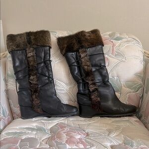 Thierry Rabotin Black and Brown Winter  Boots with Fur Trim